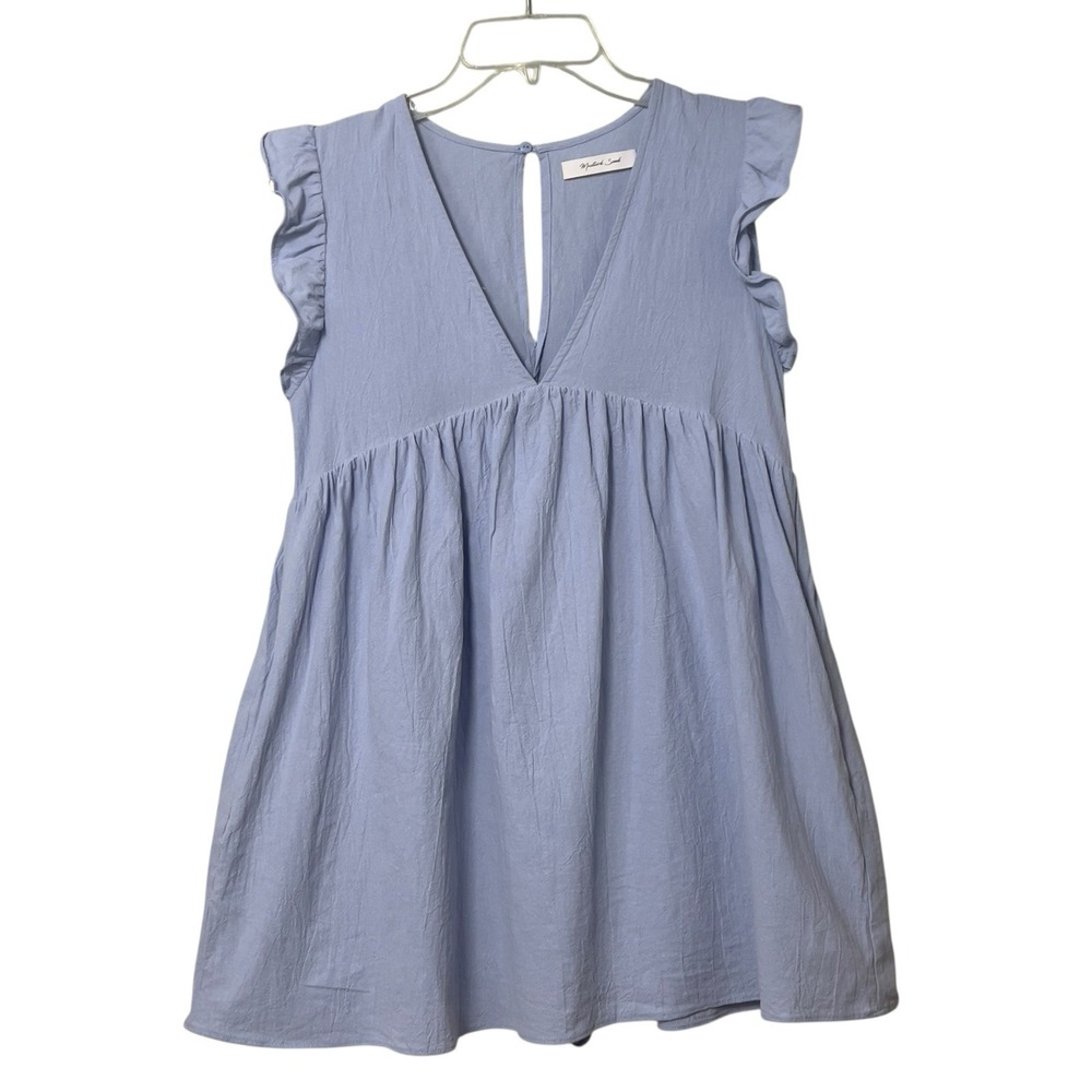 Mustard Seed Mini Romper Size Small Periwinkle Ruffled Cap Sleeve Pockets Cotton